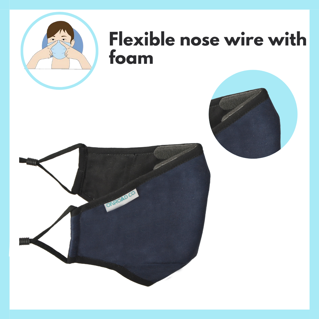 Reusable and Washable Anti Pollution Masks with 2 PM 2.5 Replaceable Filters - Blue Color, Large (Ideal for 60-90 kgs body weight)