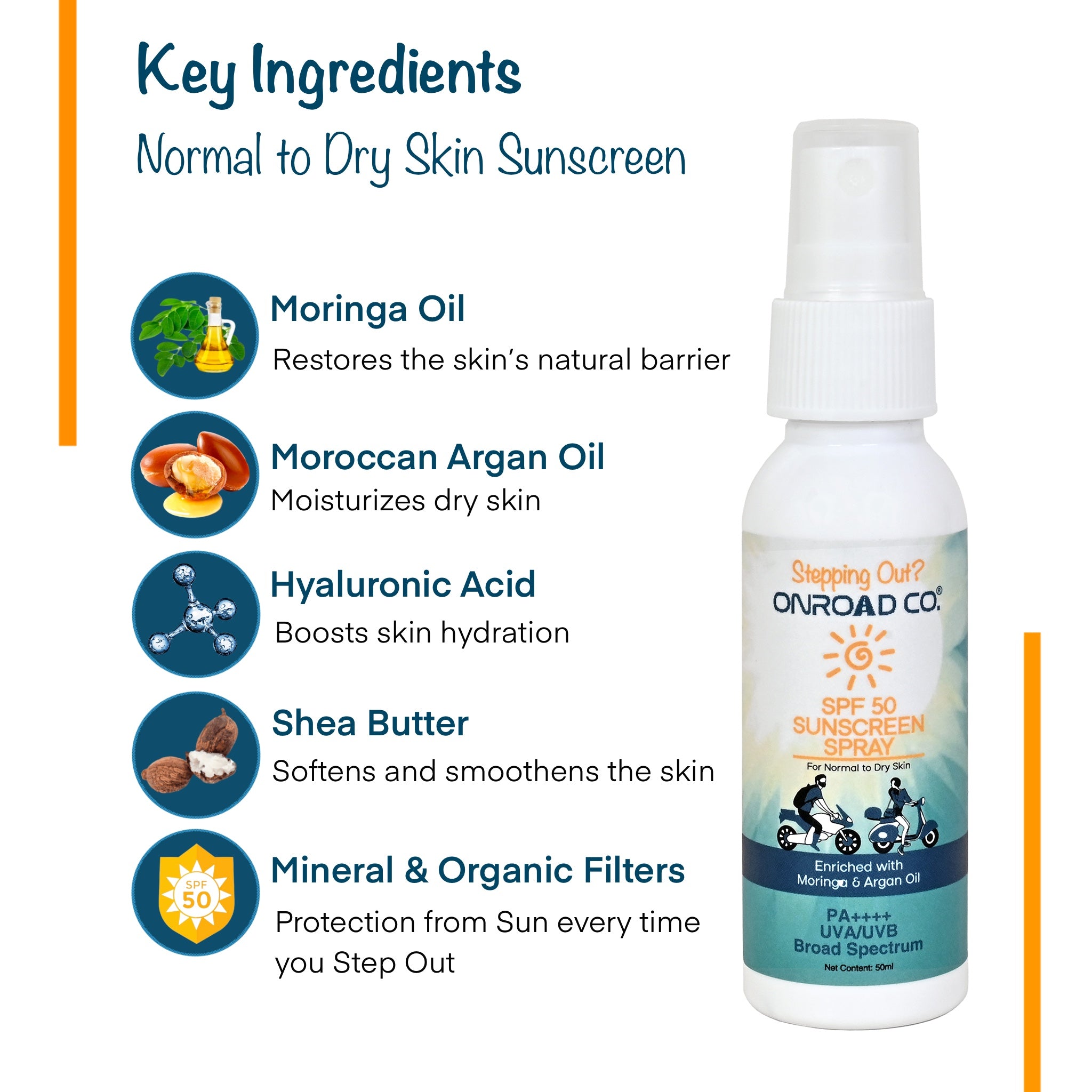 Onroad Co. SPF 50 Sunscreen Spray | Made for Normal to Dry Skin | No White Cast | No Benzophenone | 100% Toxin Free